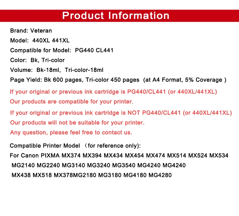 Ветеран заправленный PG440 чернильный картридж совместимый для Canon PG 440 PG-440 Pixma MG2180 MG2240 MG3180 MG4180 MG4280 MX534 принтер