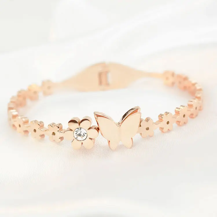 Buy New stainless steel flower butterfly bracelets for women, fashion rose gold