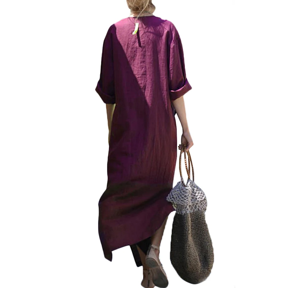 Женское длинное летнее платье с v образным вырезом однотонное свободное макси Robe