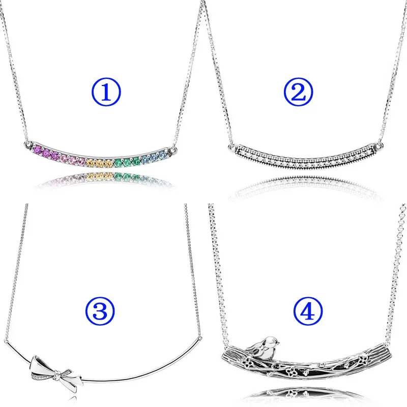 

Rainbow Arcs Of Love Brilliant Bow Spring Bird Curved Bar Necklace For Women Gift Pandora Jewelry 925 Sterling Silver Necklace
