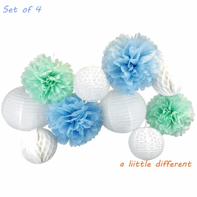 10pcs Set White Cornflower Mint Green Rock A Bye Blue Lanterns Poms 10pcs Set White Cornflower Mint Green Rock A Bye Blue Lanterns Poms And Honeycomb Party Decorating Kit For Baby Shower Supplies