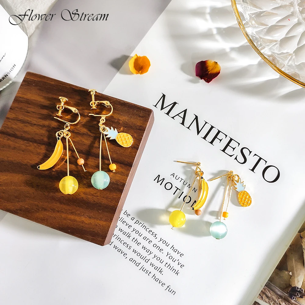 

S925 Silver Needle Asymmetric Cute Fruit Earrings Student Girl Heart Pineapple Earrings Banana Ear Pierced Ear Clip