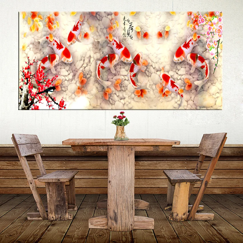 Print-Chinese-Abstract-Nine-Koi-Fish-Lotus-Oil-Painting-on-Canvas-Poster-Feng-Shui-Wall-Art