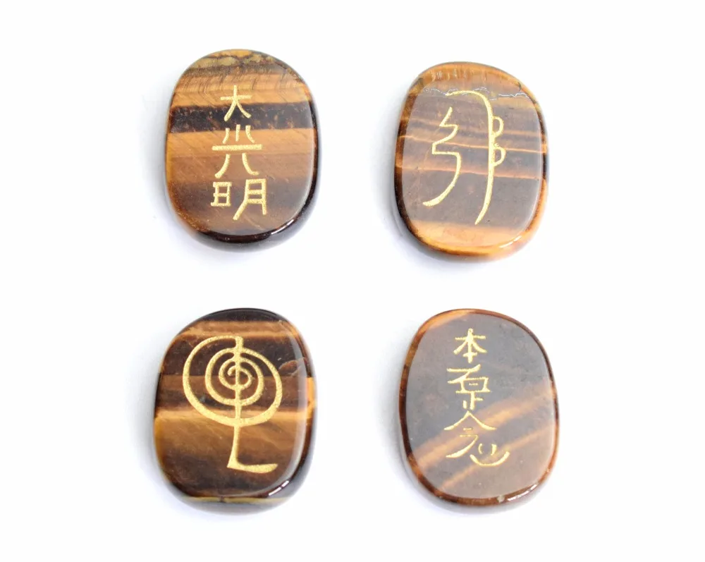 4 Pcs/Set Usui Reiki Symbol Engraved Palm Pocket Stones Healing Chakra Crystal
