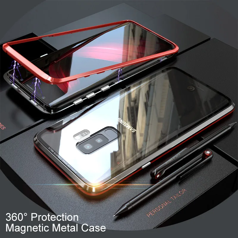 

Build-In Magnetic Flip Metal Bumper Case For Samsung Galaxy S9 Plus Tempered Glass Back Cover For Samsung Galaxy S9 Magnet Case