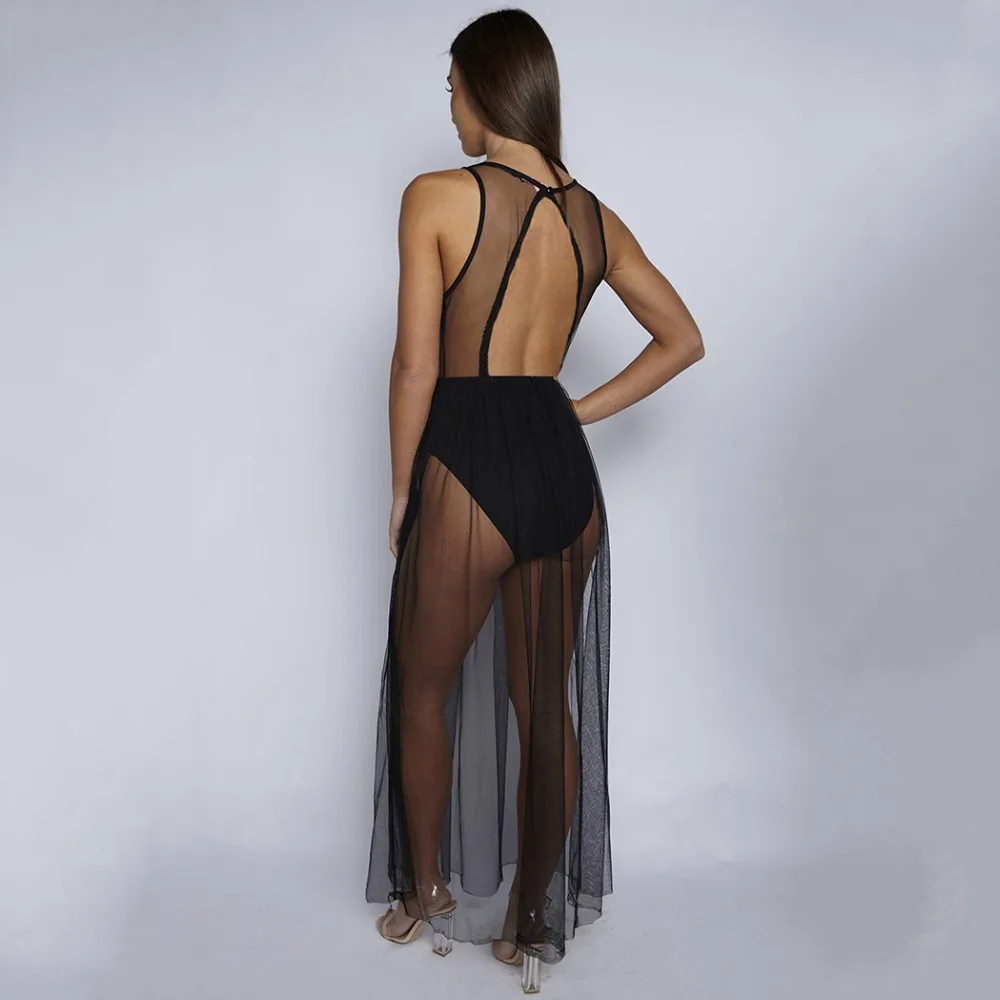 2018 женское платье с v образным вырезом черная сетка длинное Sexy Вышивка Роуз