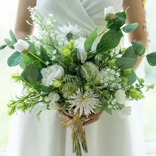 JaneVini романтические белые свадебные букеты Искусственные Шелковые Розы Бохо букет зеленые листья подружки невесты держащая Цветы Букет свадьба