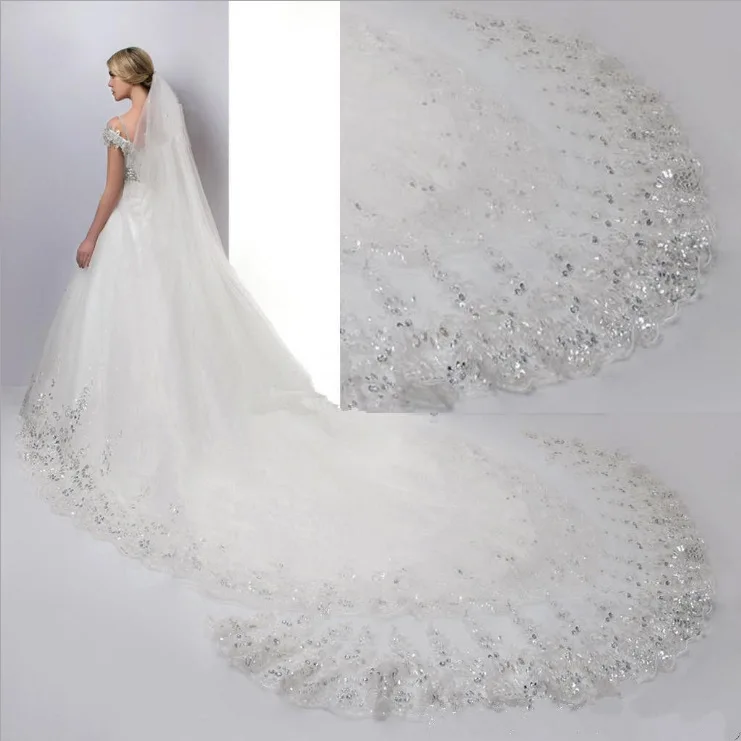 2019 свадебная вуаль тюль 4*1,5 метров кружевная кромка Дешевые Длинные Свадебные вуали с блестками 1 слой в наличии