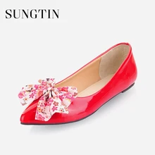 Sungtin новые летние модные Лакированная кожа Лоферы черные с милым бантом повседневные туфли на плоской подошве Большой Размер(43) женская обувь ручной работы