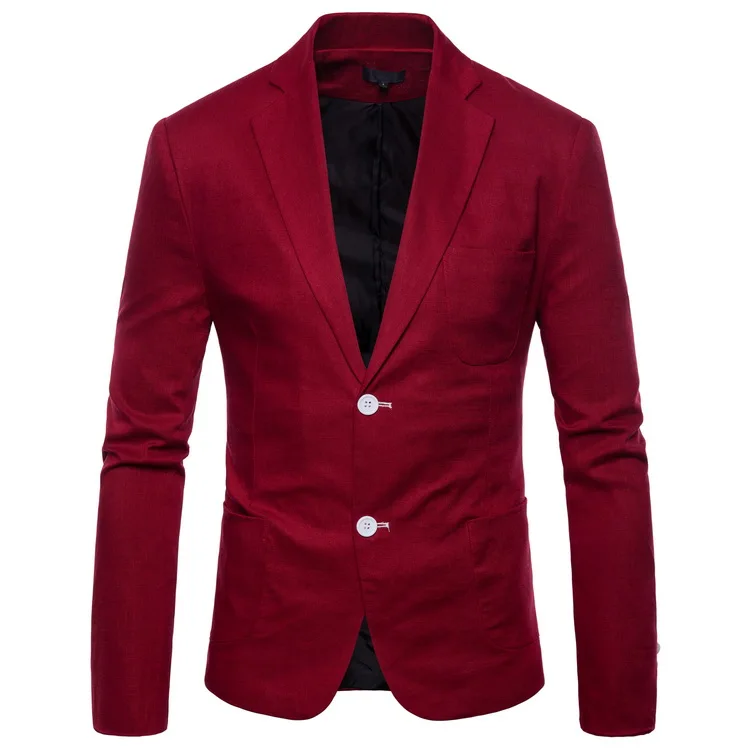 Блейзеры мужские Лен дышащий однобортный Пиджак Приталенный мужской костюм пальто Бизнес Свадьба размера плюс 4XL белый красный - Цвет: Wine Red