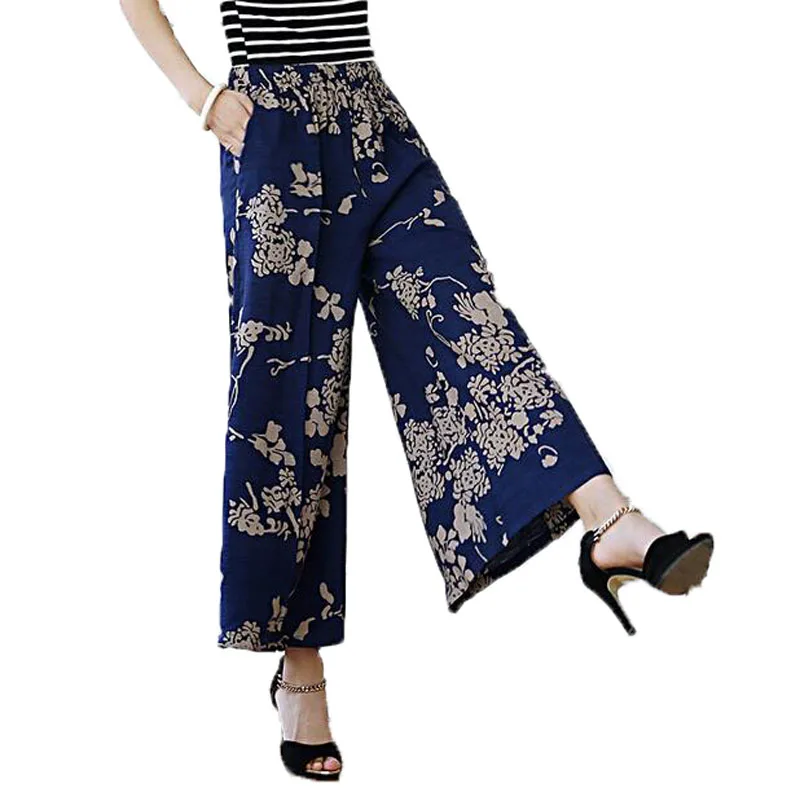 

Summer Women Print Flower Pattern Wide Leg Loose Linen Dress Pants Female Casual Skirt Trousers Capris Culottes mujer K01