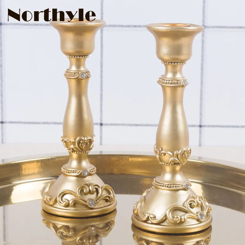 Classic gold candlestick resin candle holder with artificial diamond