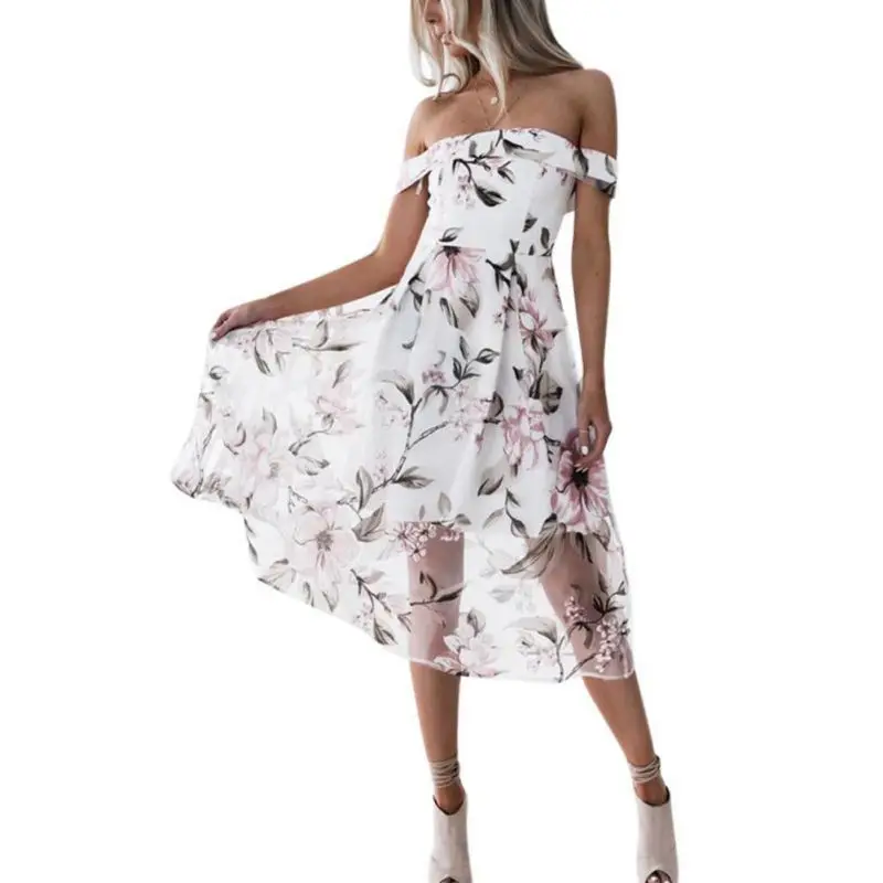 

New 2018 Women Summer Dress Sexy Female Off Shoulder Flower Print High Waist Elegant Cocktail Party Dresses Beach Vestidos W1