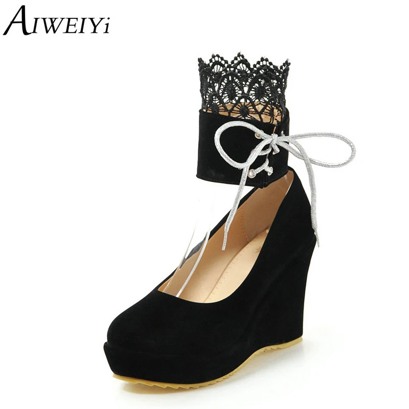 

AIWEIYi Wedge Heels Shoes Woman Flock Skin Round toe Lace Design Lace Up Spring Summer Platform Pumps Dress Party Pumps