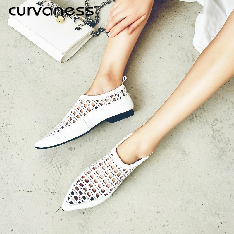 

Curvaness Flats Pointed Leather Shoes 2019 New Fashion Casual Female flat loafers fashion hollow summer Mules Shoes large size