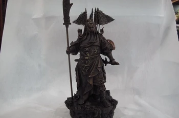 

15 Chinese Bronze Copper Nine Dragon Guan Gong Yu God 5 flags Hold Sword Statue