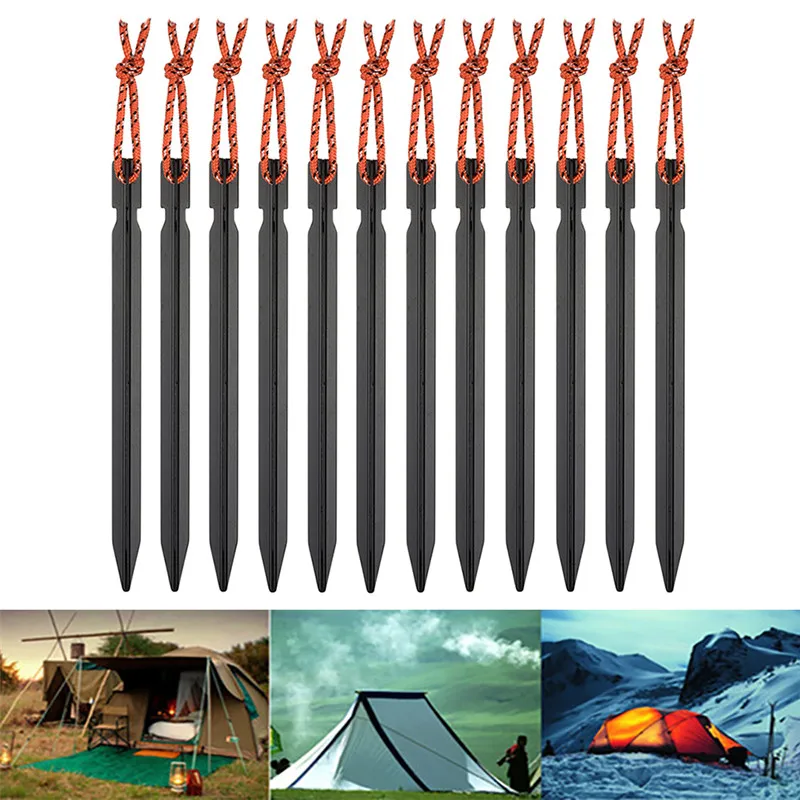 

12 Pcs 18cm Aluminum Outdoor Tent Stakes Pegs with Rope Rain Tarp Tent Nail