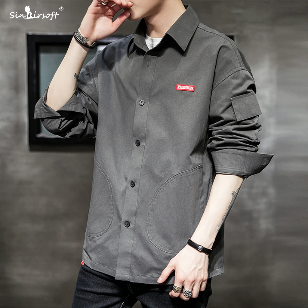 Серая и черная Хлопковая мужская рубашка 2019 Новая Осенняя модная повседневная