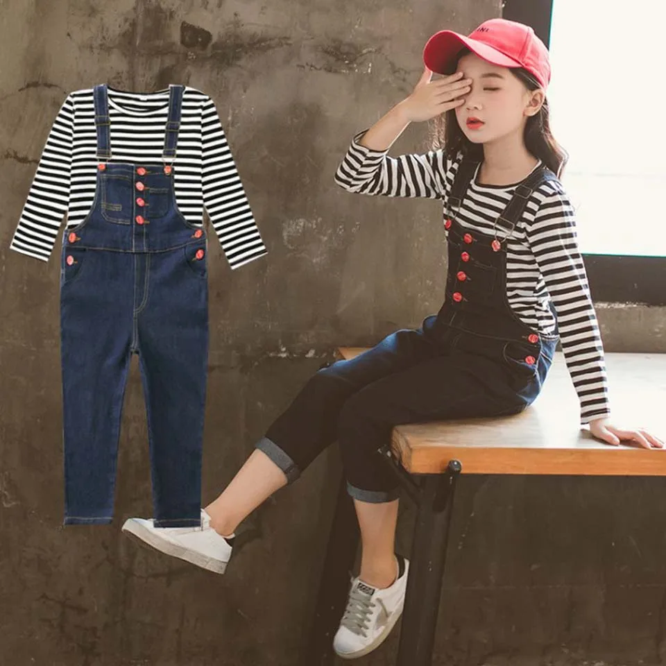 

2018 Spring Autumn Baby Girls Clothing Set Casual Long-sleeved T-shirt+Denim Overalls Jeans Pants Kids Girls Clothes