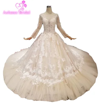 

Vestido De Noiva Bridal Champagne Lace Crystals Wedding Gown 2019 Novias Beaded Top Quality Long Sleeves Wedding Dresses