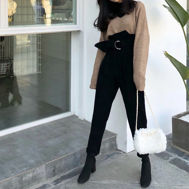 

2018 Spring New High Waist Corduroy Trousers, Free Shipping Korean Fashion Autumn and Winter Women's Casual Pants Harem Pants