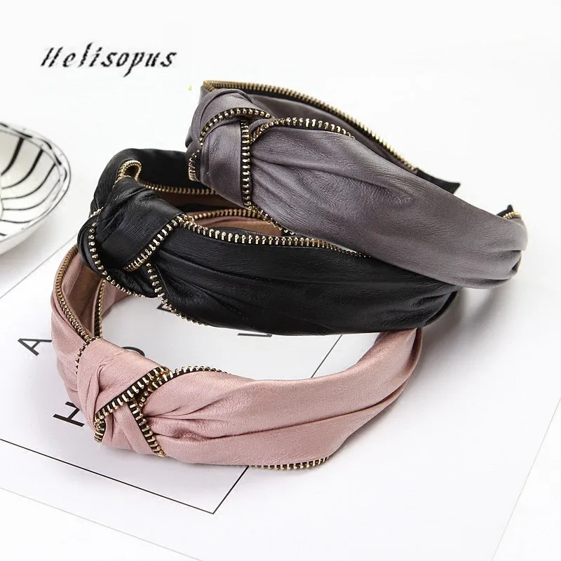 

Helisopus 2019 Retro Faux Leather Hairbands Zipper Hair Hoop Women Knotted Headdress Korean Style Wide Band Hair Accessories