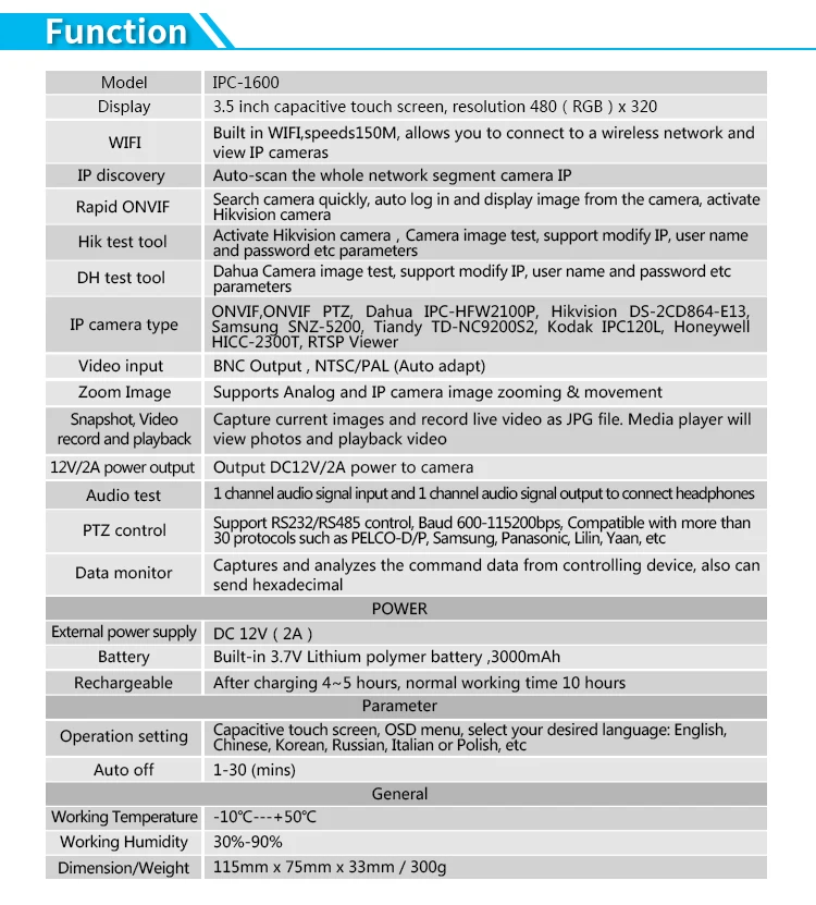 H.265 4K IP CCTV тестер монитор IPC1600 плюс Портативный наручные 3,5 дюймов сенсорный экран IP тестер аналоговых камер ONVIF PTZ wifi