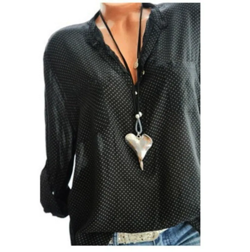 

Button Dot Women Shirts Autumn Casual V-Neck Blouse Women Top Camisa Feminina Black Long Sleeve Ladies Print Blouse Femme Shirt