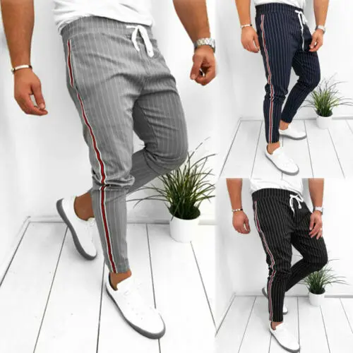 

Stylish Hot Sale Men's Striped High-waist Slim Fit Lace-up Pencil Pants Male Jogger Sports Gym Bodybuilding Running Pants S-XL
