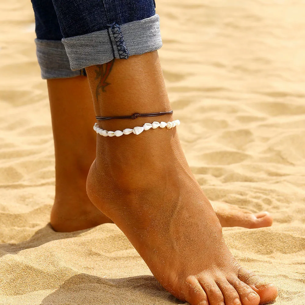 Ножные браслеты для женщин, ювелирные изделия для ног, Летний Пляжный босиком ножной браслет на ногу, женский кожаный браслет, набор, богемная цепочка на ногу