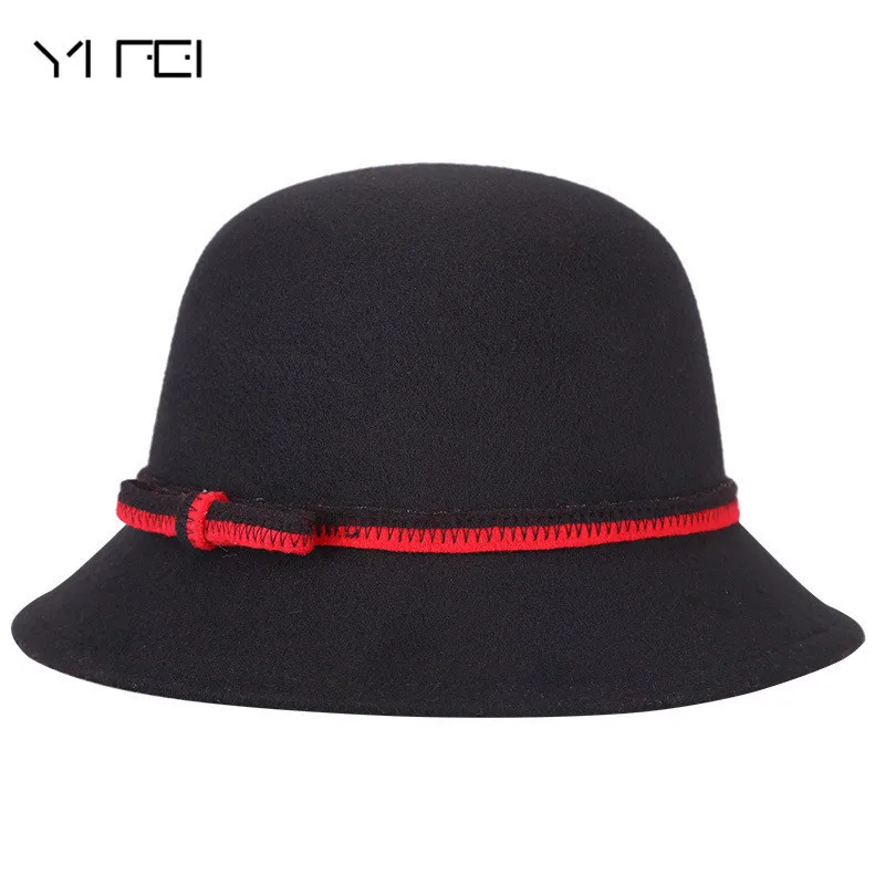 Ифэй chapeau Femme Имитация шерсти Кепки Для женщин Симпатичные Твердые Черный Котелок бантом шляпа женский Осень Для женщин фетровая шляпа