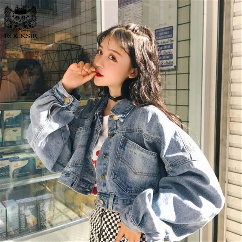 

Rocksir 2018 Batwing Short Denim Jacket Women Harajuku Vintage Loose Jeans Coat Back Button Cropped Streetwear Bomber Outerwears