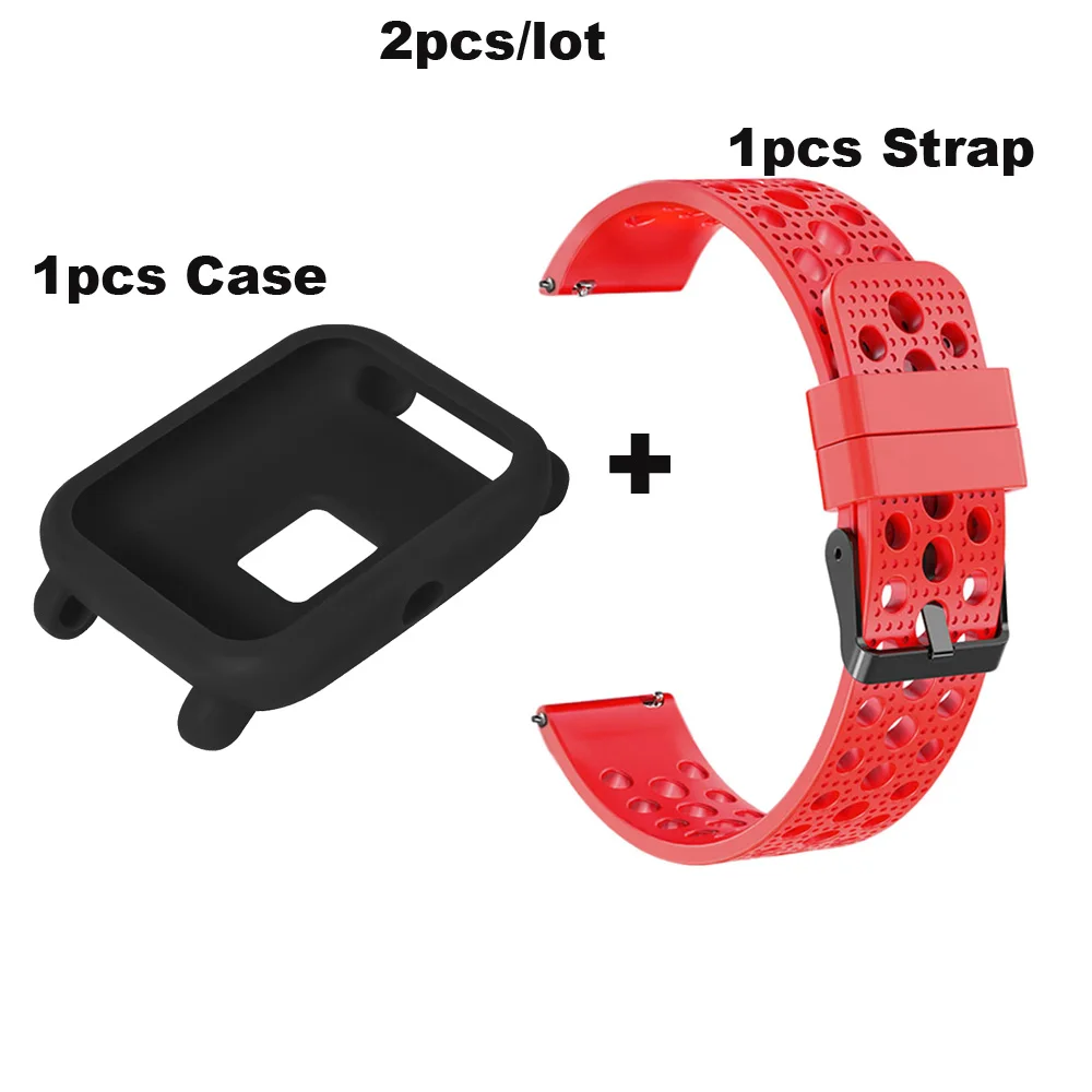20 мм браслет Amazfit Bip Lite ремешок силиконовый Pulsera Correa для оригинальных Xiaomi Huami Amazfit Bip Lite Band защитные чехлы - Цвет: Black case-Red
