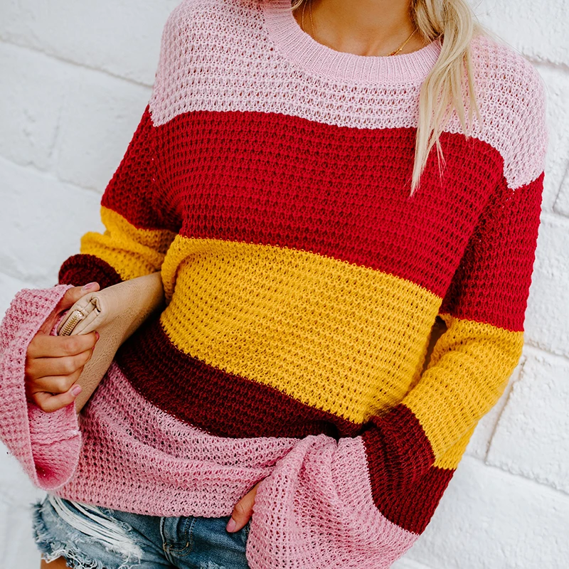 Autumn Fashion Oversize Sweater Women Loose Bell Sleeve Rainbow Sweaters Casual Colored Block 
