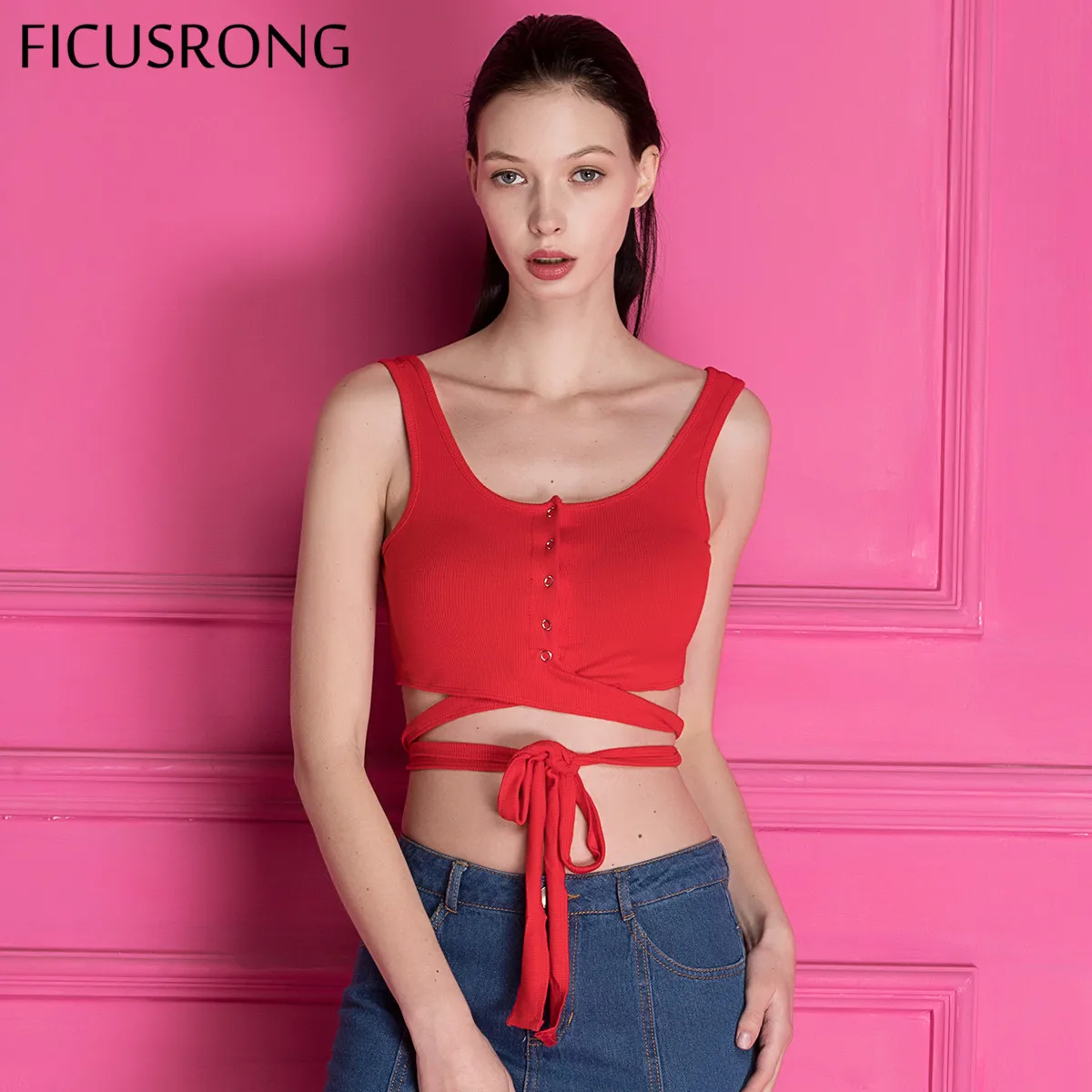 

Spring Summer Sexy Women Long Strap Button Vest Crop Tops Vest Tank Tops T-Shirt cropped feminino Tank Tops FICUSRONG