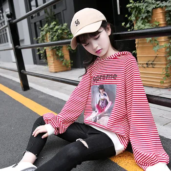 

Spring Hoodies for Kids Girl Striped Loose Coat Children Hoodies Casual Long Sleeve Tops 2019 Cartoon Teenage Sport Clothes New