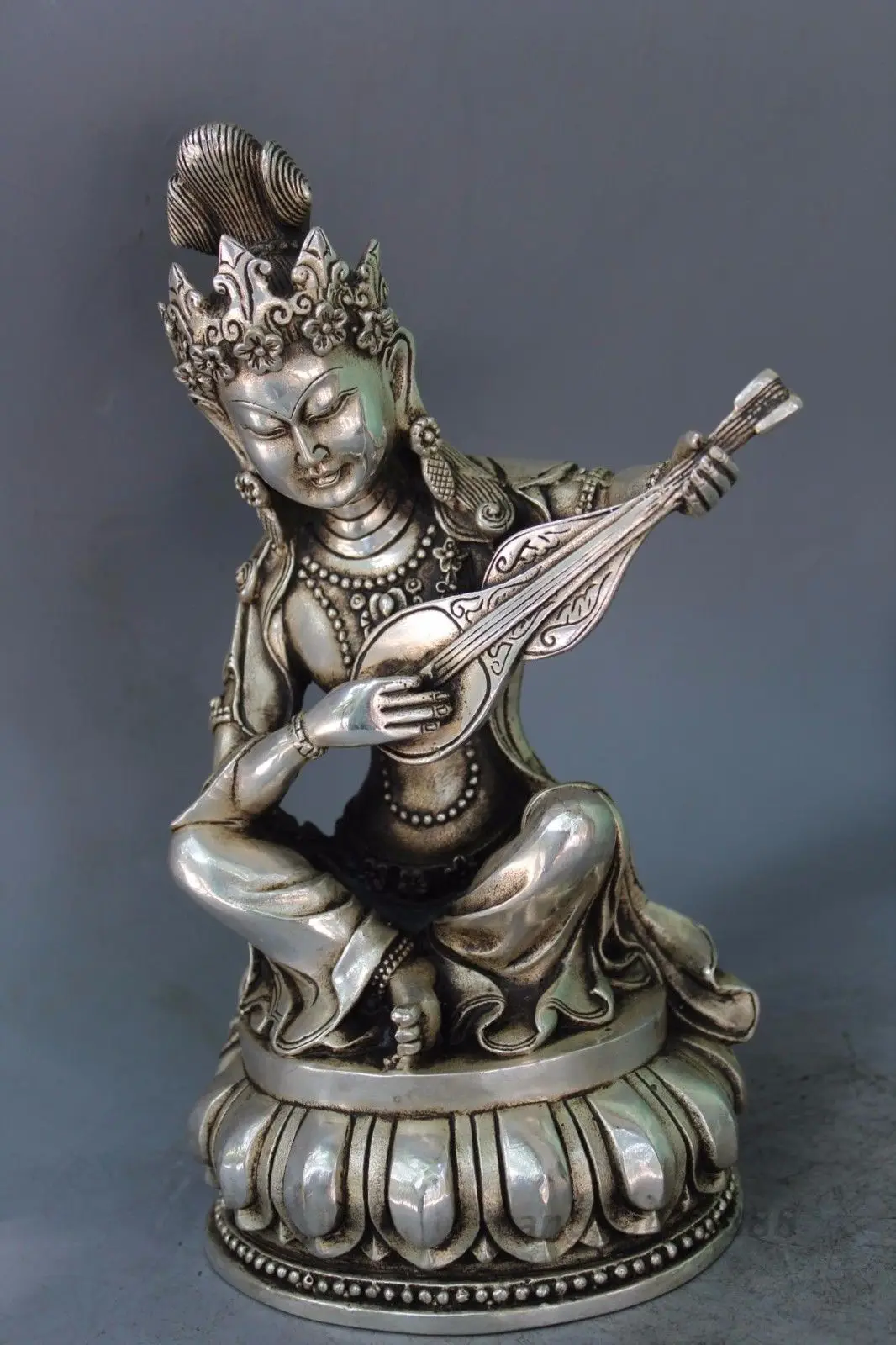 

5" Tibet Tibetan Buddhism silver Seat Saraswati Fairy of Wonderful Sound Statue