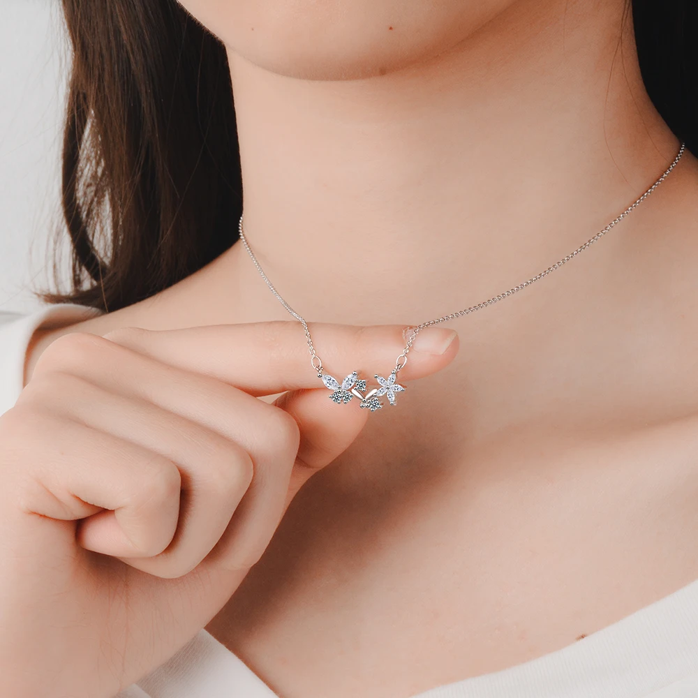 

anenjery Sweet Zircon Flower Star Butterfly Necklaces Charm 925 Sterling Silver Clavicle Chain Necklace For Women S-N340