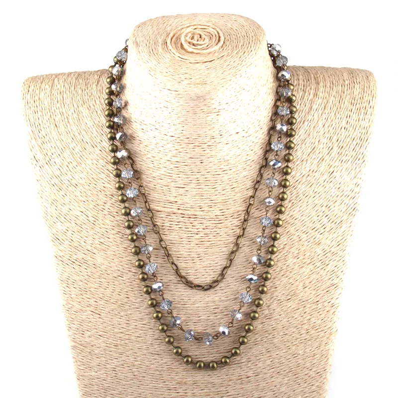 

Fashion Bohemian Tribal Jewelry 3 Layer Multiple Glass Crystal Rosary Link & Copper ball Chain Necklace