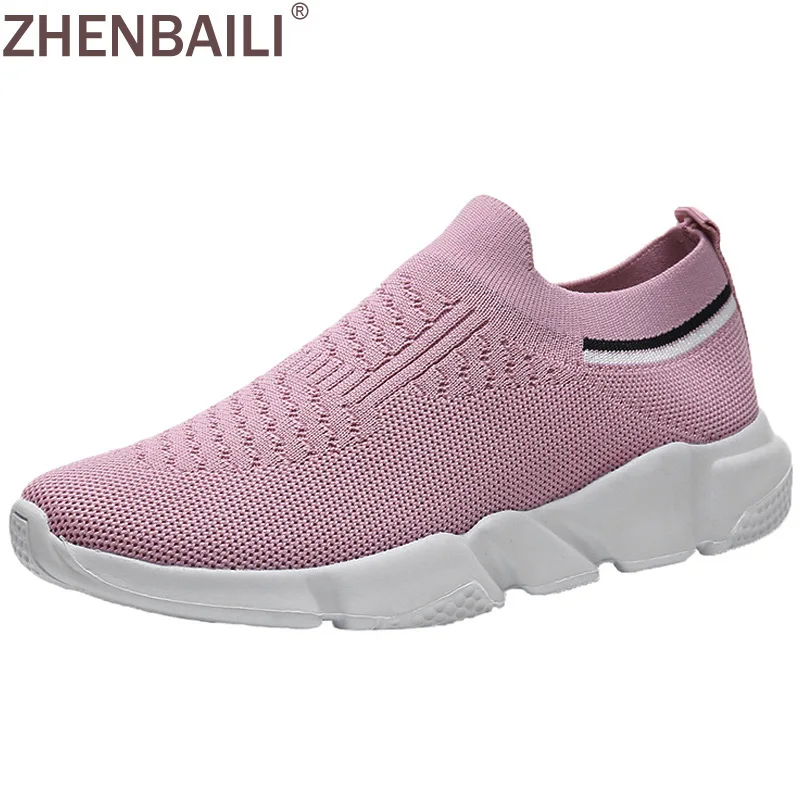 

ZHENBAILI Plus Size 35-42 Spring Summer Breathable Knit Upper Slip On Sock Shoes 2019 Soft White Women Sneakers Flat Casual Shoe