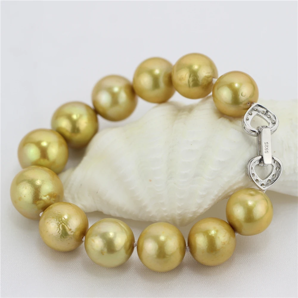 SNH 10-13mm edsion golden AA+ 925silver natural freshwater pearl bracelets Fine Jewelry
