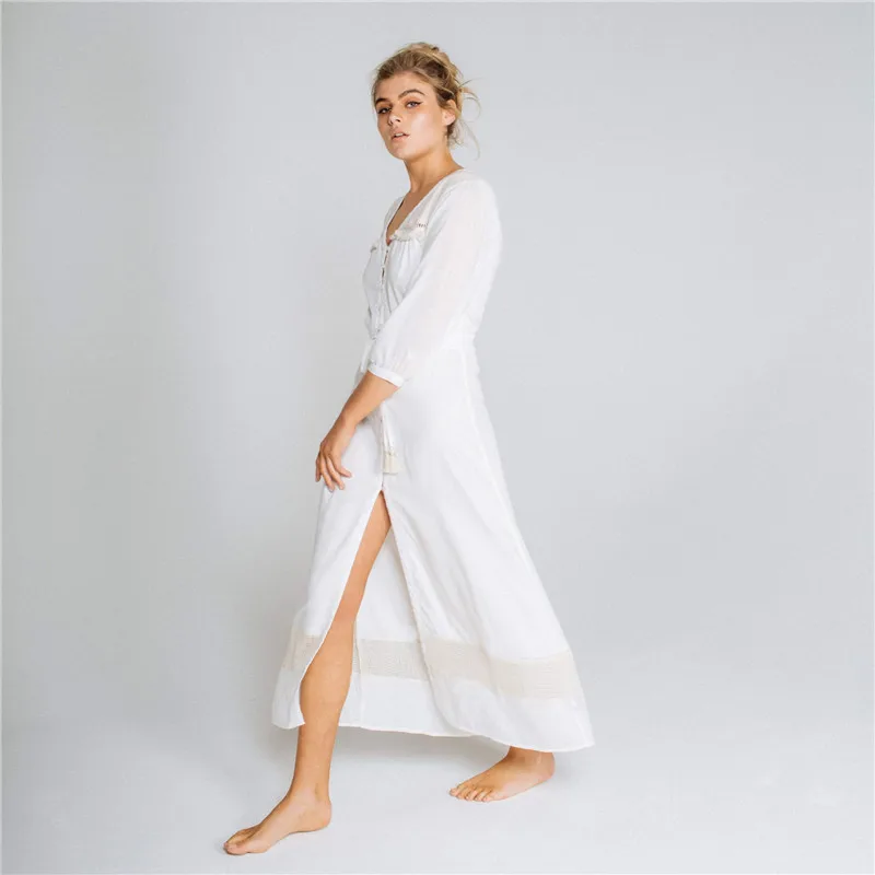 Pareo Praia Túnica Vestido Longo Branco Anti-UV