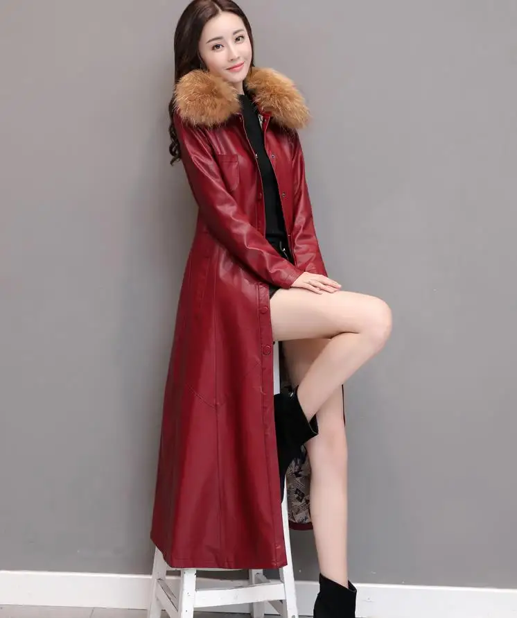 Cuir 2018 D'hiver Automne Mode En 1956 Plus Et Manteau Noir rouge Femmes Pu Tranchée Velours Longue Fourrure Col De Le dXEXwrq