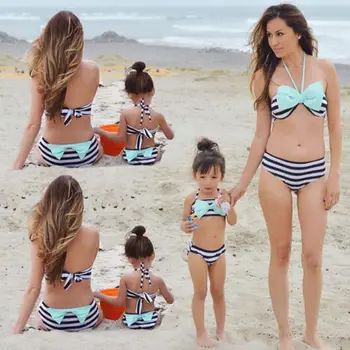 

Family Striped Bikini Set Sexy Women Blue Bikini Bandage Family Swimwear Mother Kids Swimsuit Beachwear