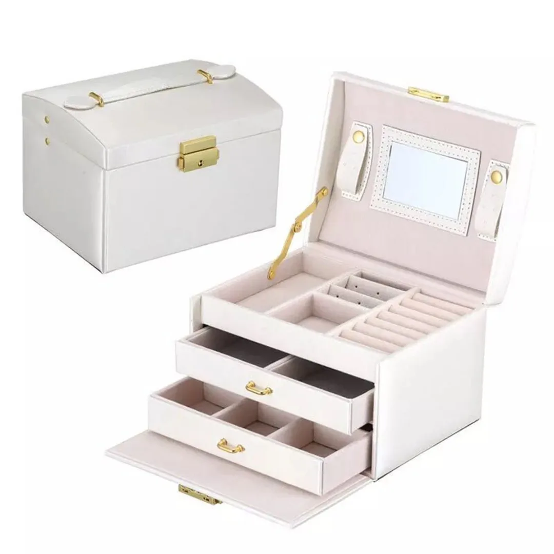2019 Fashion Classic Three Layers PU Leather Jewelry Box Exquisite Mirror Makeup Case Earring Necklace Ring Jewelry Organizer