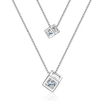 

XIYANIKE 925 Sterling Silver Square Cube Zircon Choker Statement Necklace For Women Double Layer Pendants & Necklaces Gift
