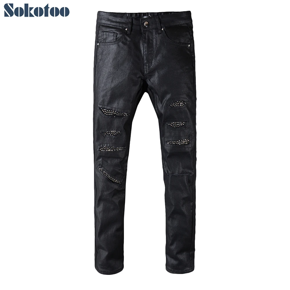 Sokotoo Men's black coated denim patchwork jeans