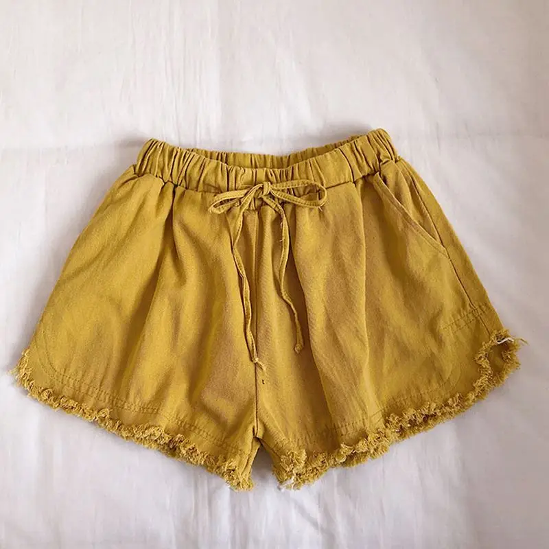 yellow Новинка г. летние женские для похудения эластичная кулиска на талии волос широкие шорты студент Повседневное одноцветное Цвет модные шорты PT301 - Цвет: yellow