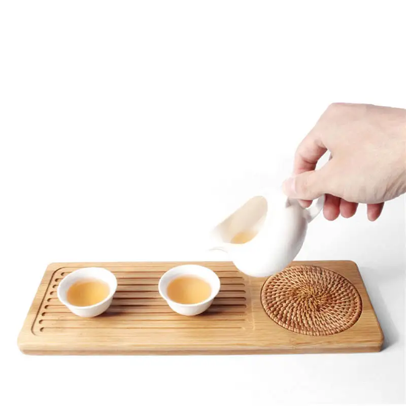 

DoreenBeads 1 PC 34*12 cm 40*15 cm Bamboo Tea Tray Portable Rattan Mat Cup Coaster Kungfu Puer Tea Board Teapot Holder Gift
