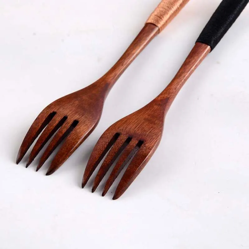 BalleenShiny 1pc Japanese Style Wooden Fruit Fork Handmade Cable Tie Handle Dessert Dining Forks Four Tooth Cutlery Tableware